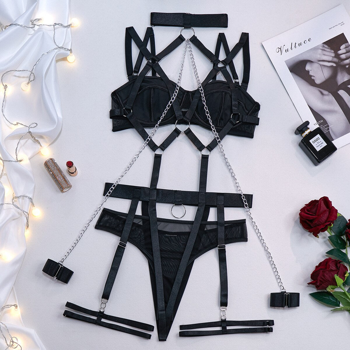 3-Piece Chain Flirting Sexy Lingerie Set Black Bandage Cut Out Erotic Set Women Panty Garter Kit