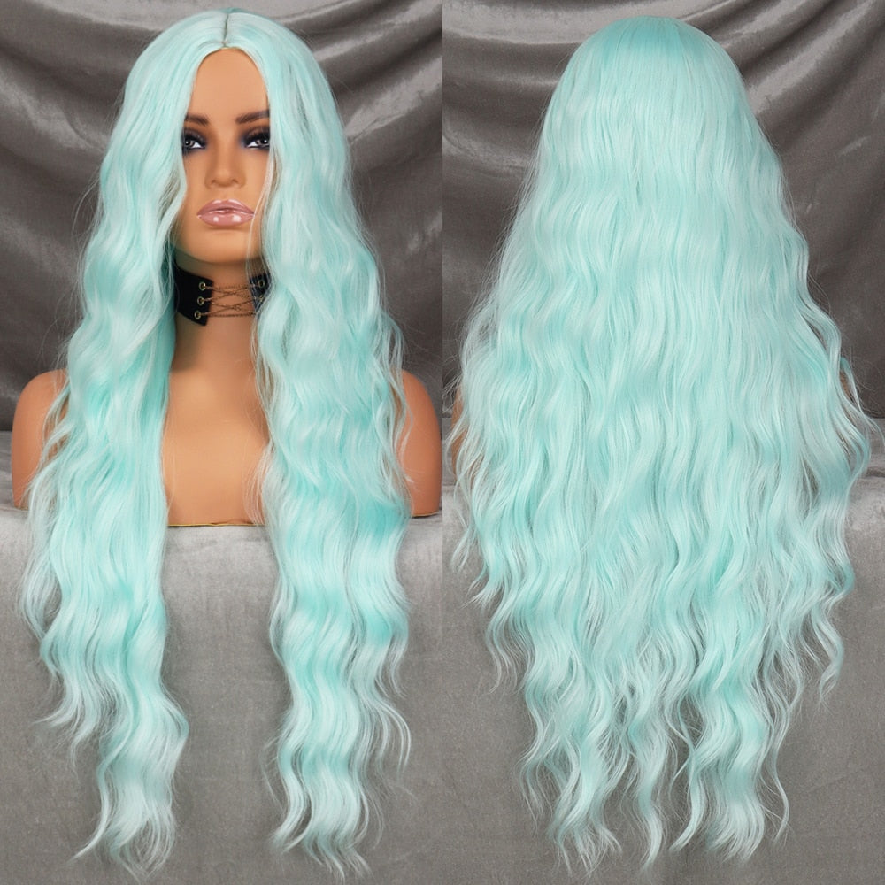 Long Wavy Green Synthetic Wig Cosplay Party Wig