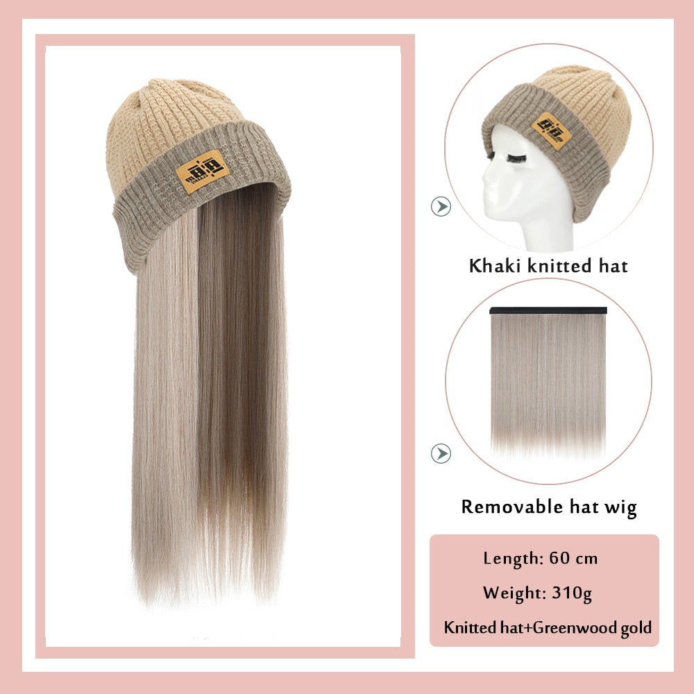 Black White Baseball Cap with Wig Long Straight Hair Curly Hair Hat Wig