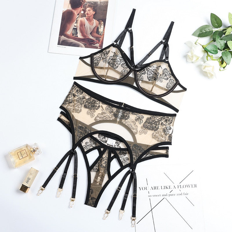 3-Piece Transparent Lace Bra Set Women Bandage Sexy Lingerie Set Ladies Flroal Black Underwear Set