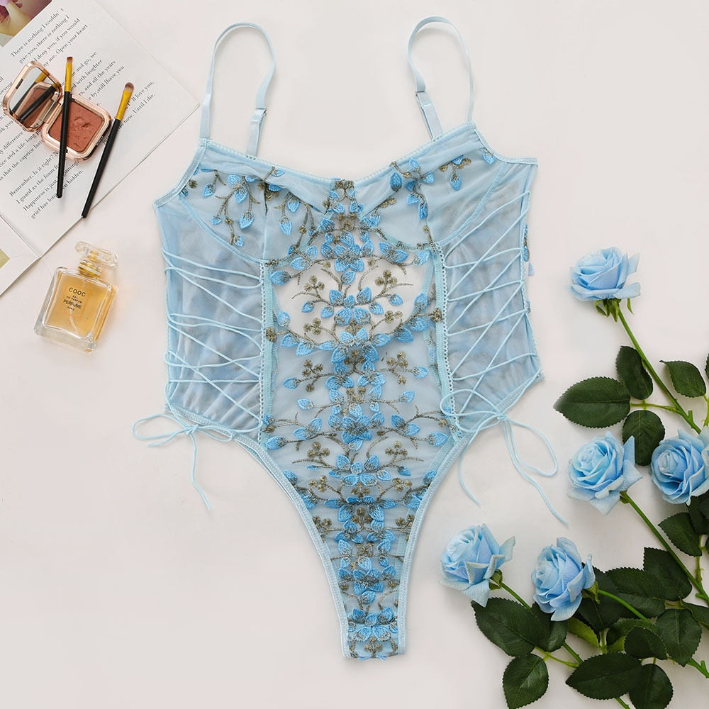 Floral Embroidery Lace Bodysuit Women 15 Colors String Lace Up Fancy Sexy Bodysuit Body Femme