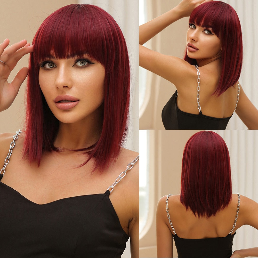 Purple Pink Ombre Black Short Straight Synthetic Wigs with Bangs Bob