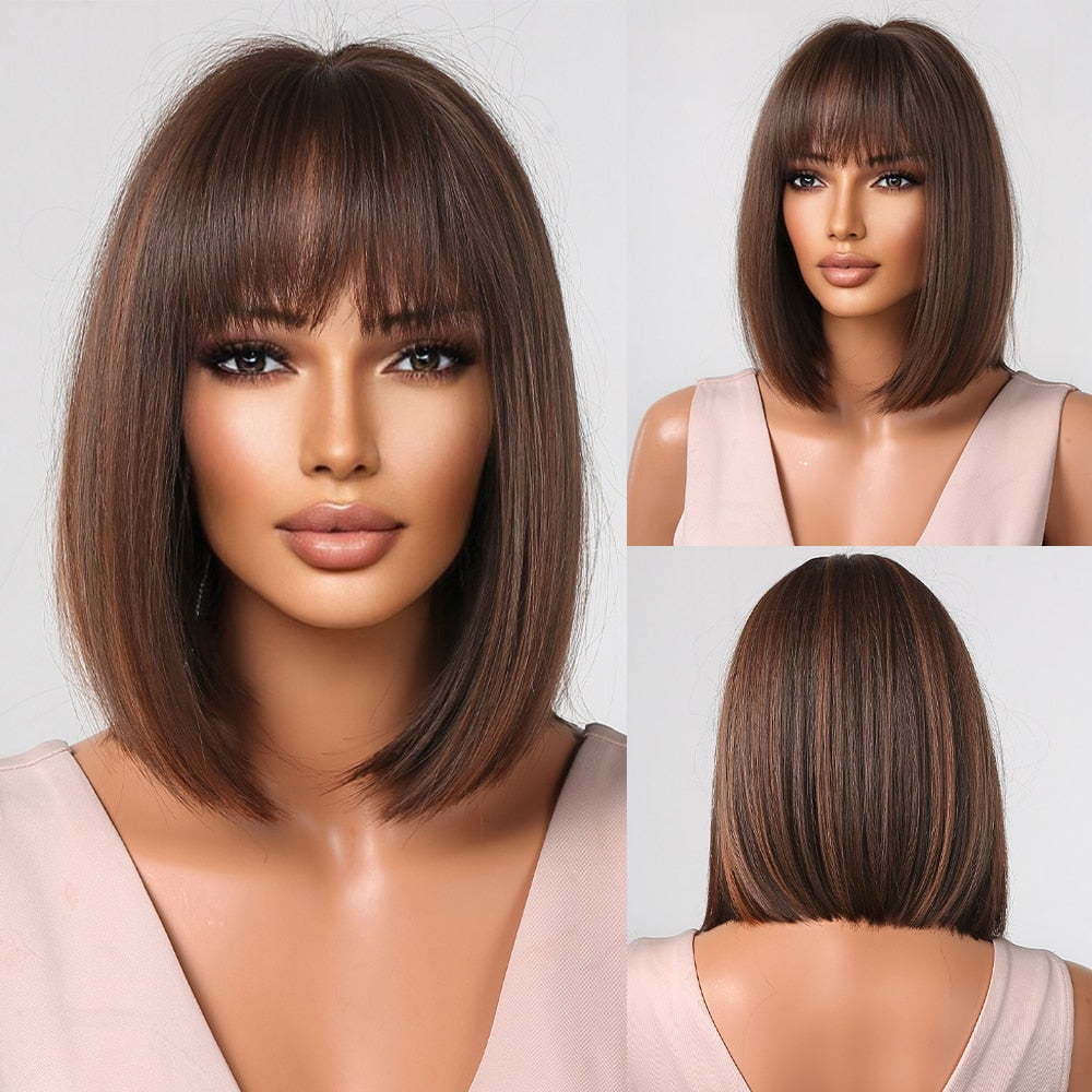 Orange Ombre Brown Short Straight Synthetic Wigs with Bangs