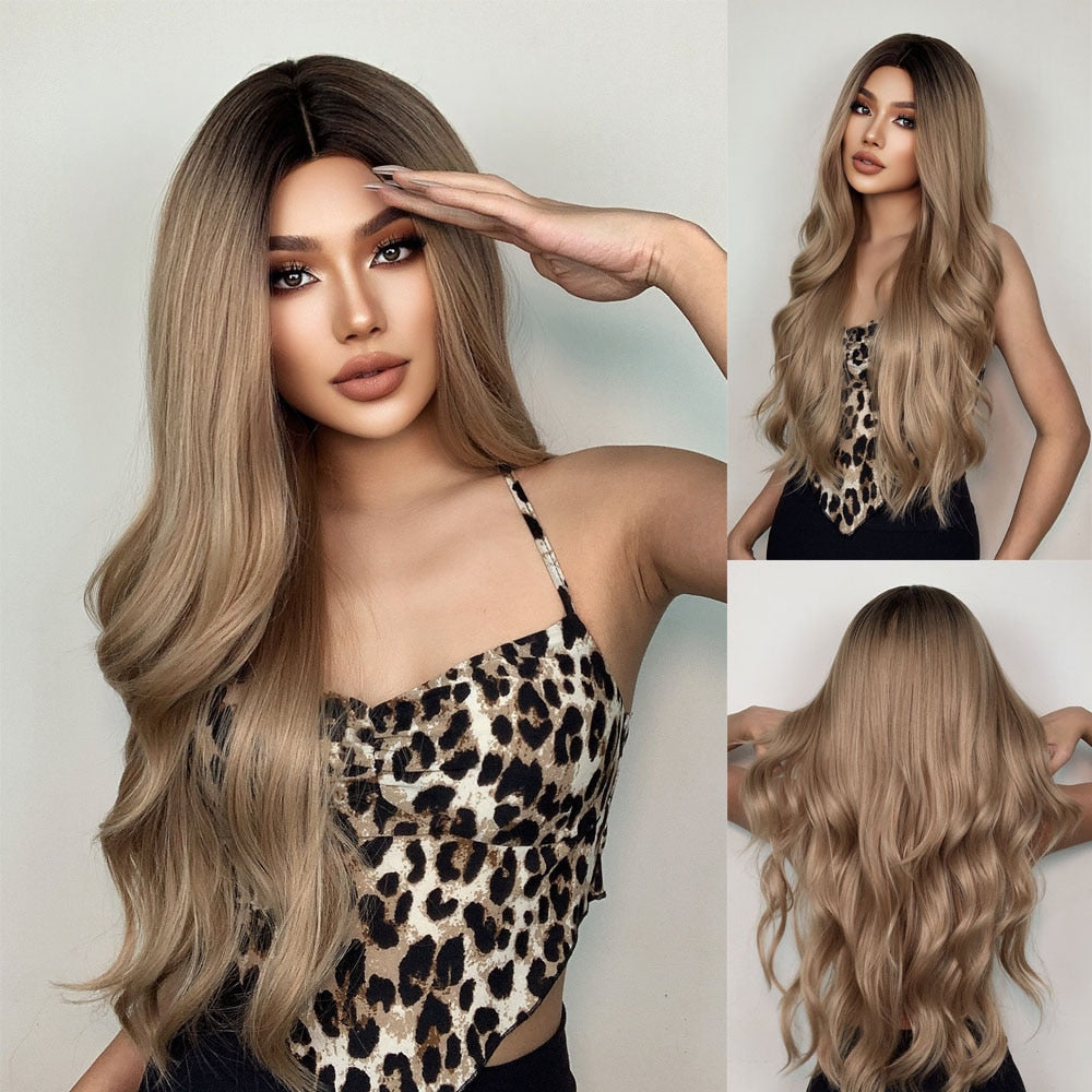 Natural Long Wavy Ombre Brown Blonde Highlight Synthetic Wigs