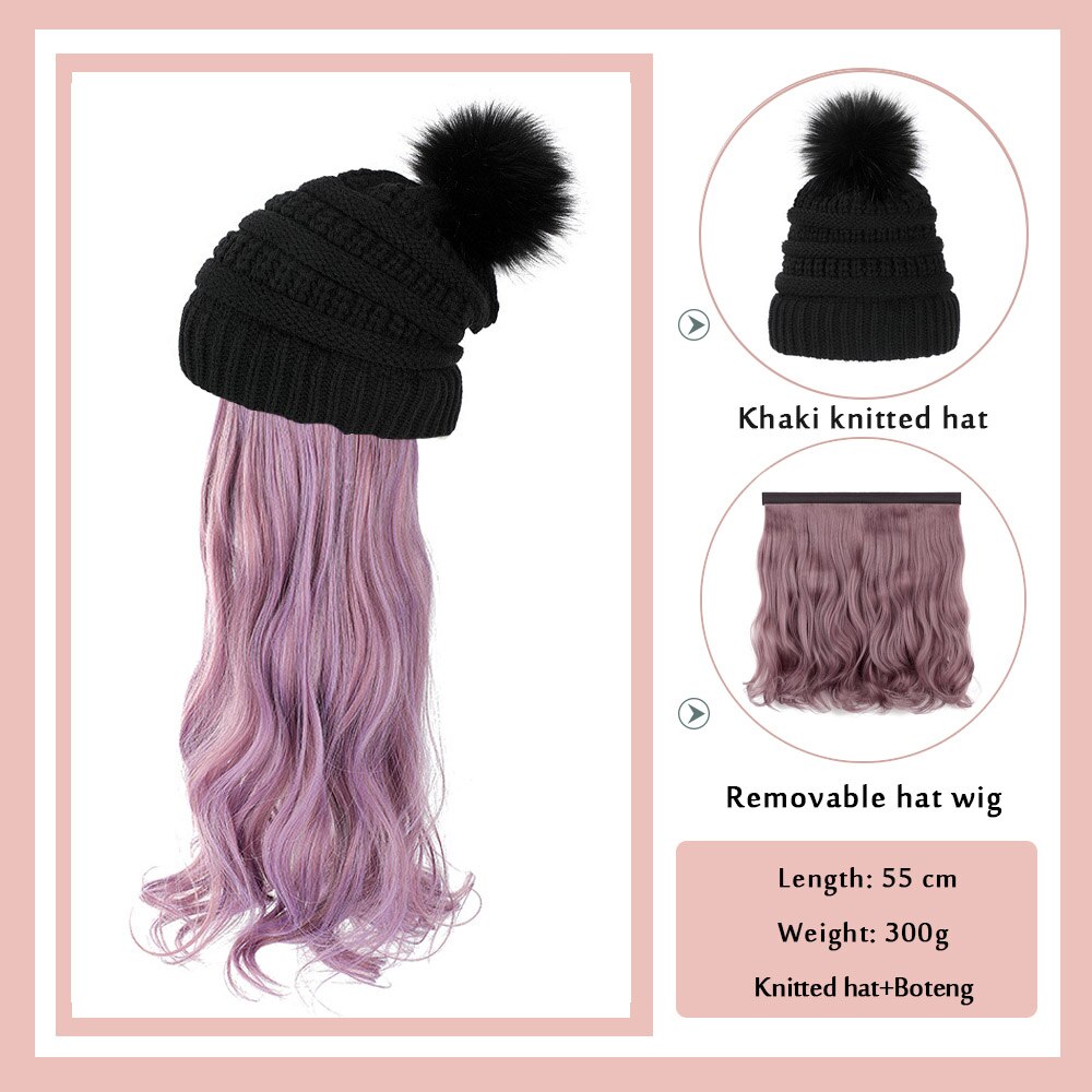 Black White Baseball Cap with Wig Long Straight Hair Curly Hair Hat Wig