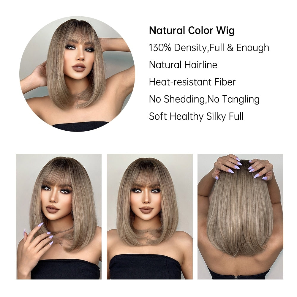 Golden Brown Short Straight Bob Synthetic Wigs with Bangs