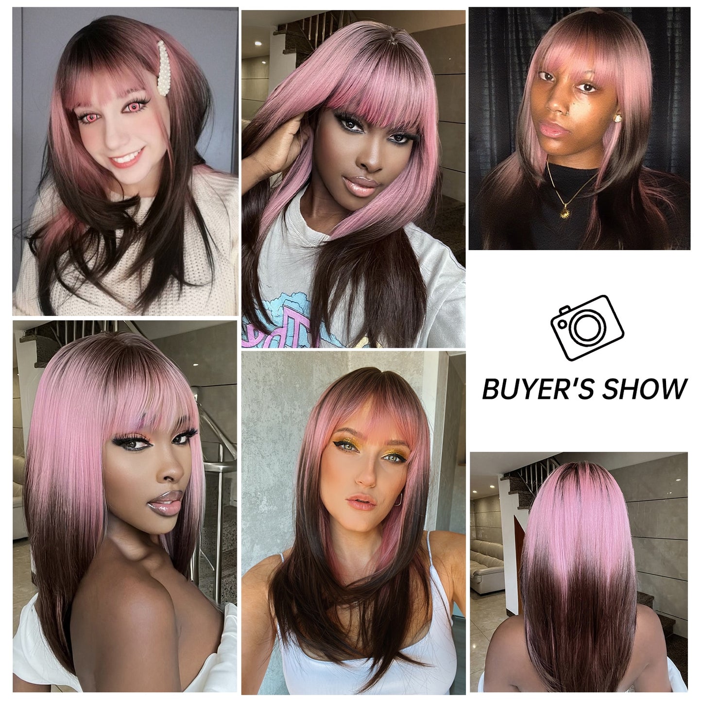 Pink Brown Ombre Straight Medium Lenght Synthetic Wigs