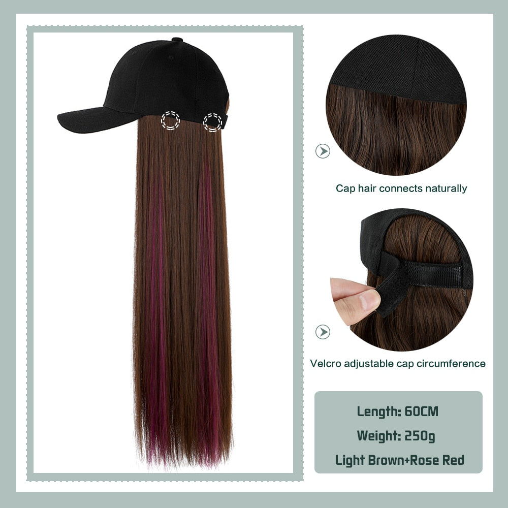 Black White Baseball Cap with Wig Long Straight Hair Curly Hair Hat Wig