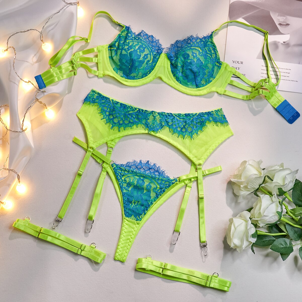 3 Piece Contrast Color Lace Erotic Set Women 3 Colors Patchwork Sexy Push Up Lingerie Set Erotic Set