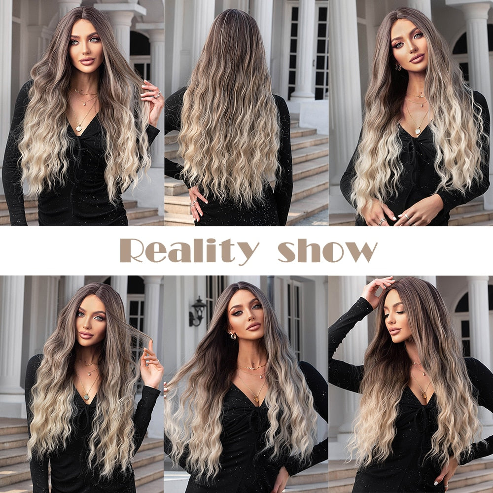 Ombre Silver Ash Long Curly Wavy Synthetic Wig