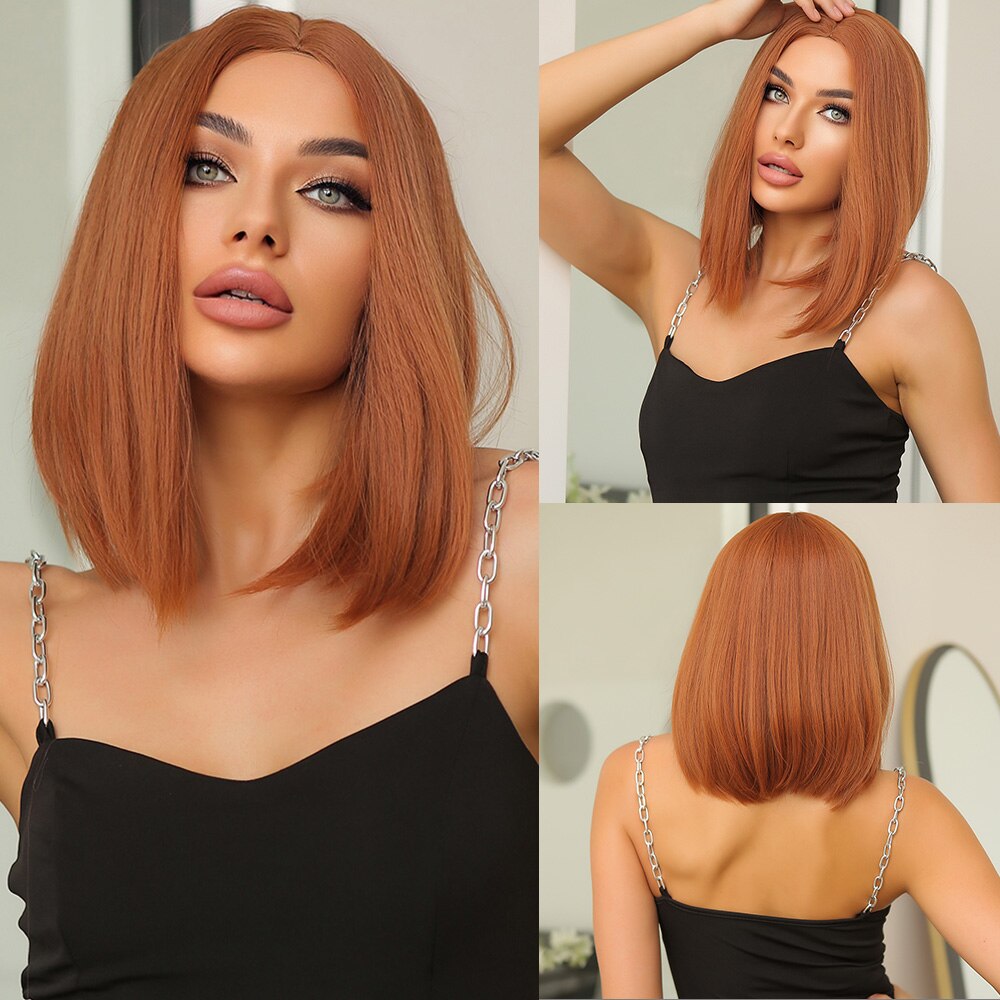 Orange Ombre Brown Short Straight Synthetic Wigs with Bangs