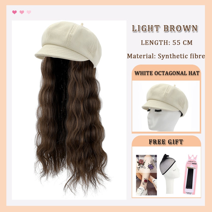 Black White Baseball Cap with Wig Long Straight Hair Curly Hair Hat Wig