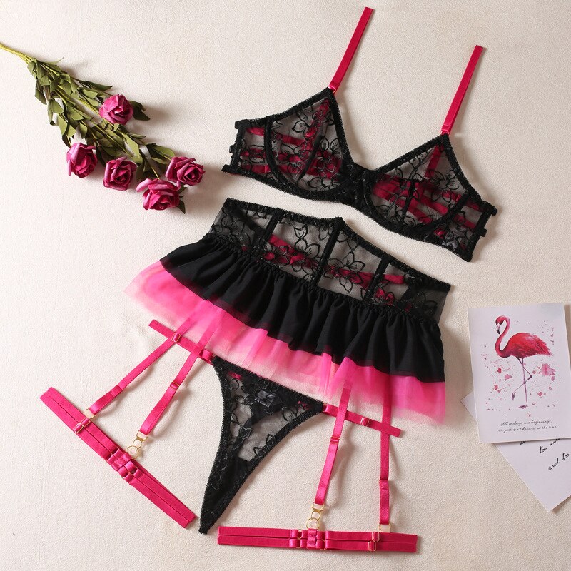 Lace Lingerie Set Women Sexy Patchwork Contrast Color Dress Mesh Brief Underwear Set Vintage Garter Kit