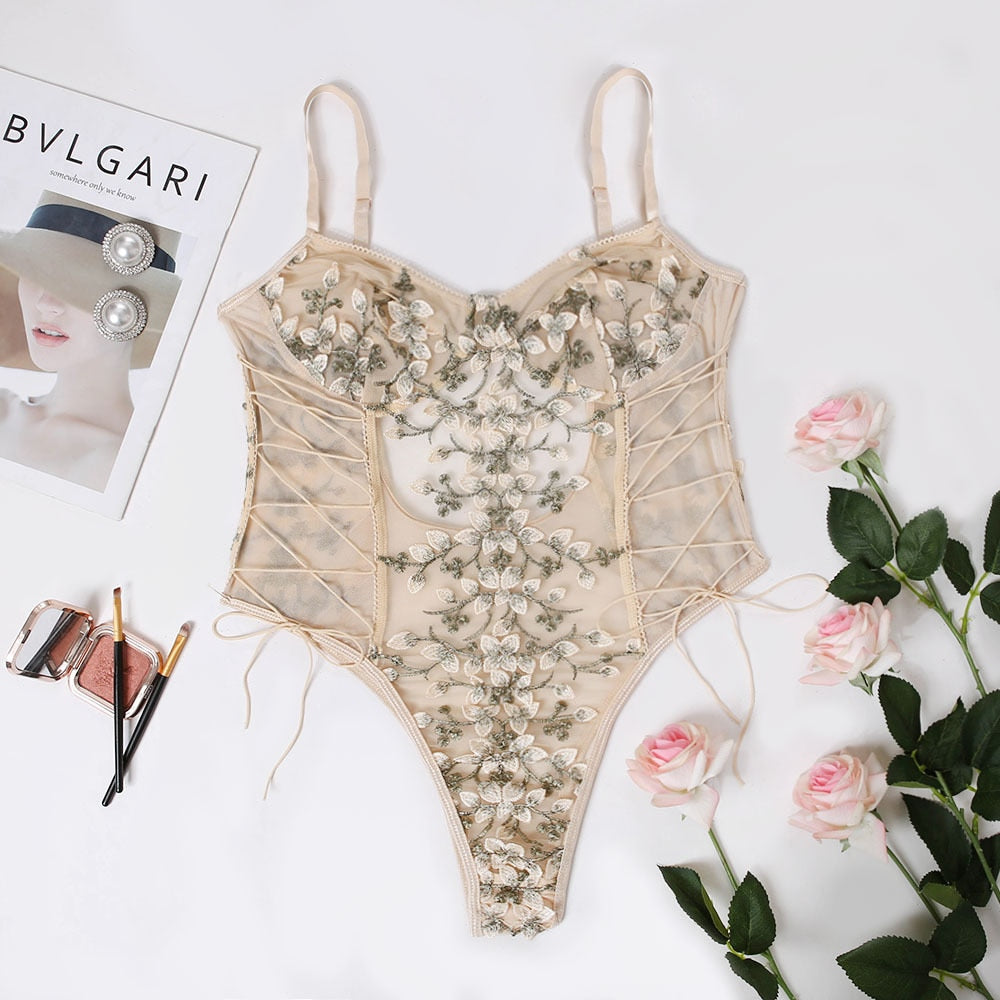 Floral Embroidery Lace Bodysuit Women 15 Colors String Lace Up Fancy Sexy Bodysuit Body Femme