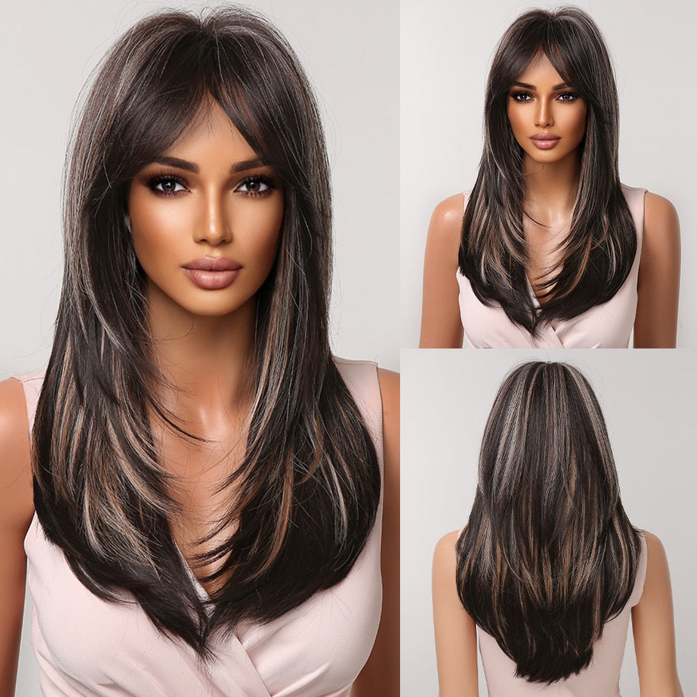 Pink Brown Ombre Straight Medium Lenght Synthetic Wigs