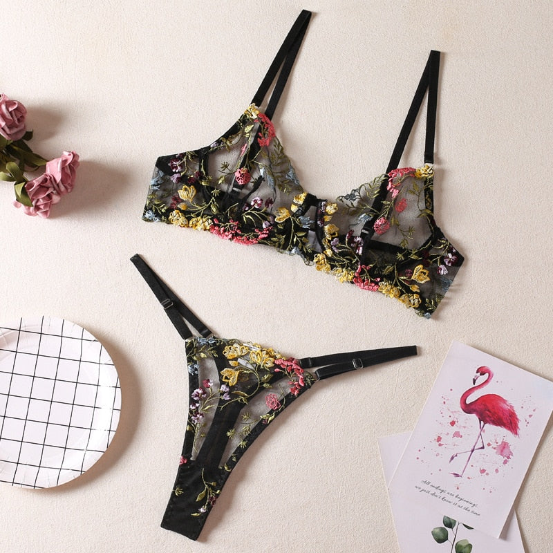 2-Piece Lace Bra Set Women Floral Embroidery Underwear Set Transparent Khaki Panty Set