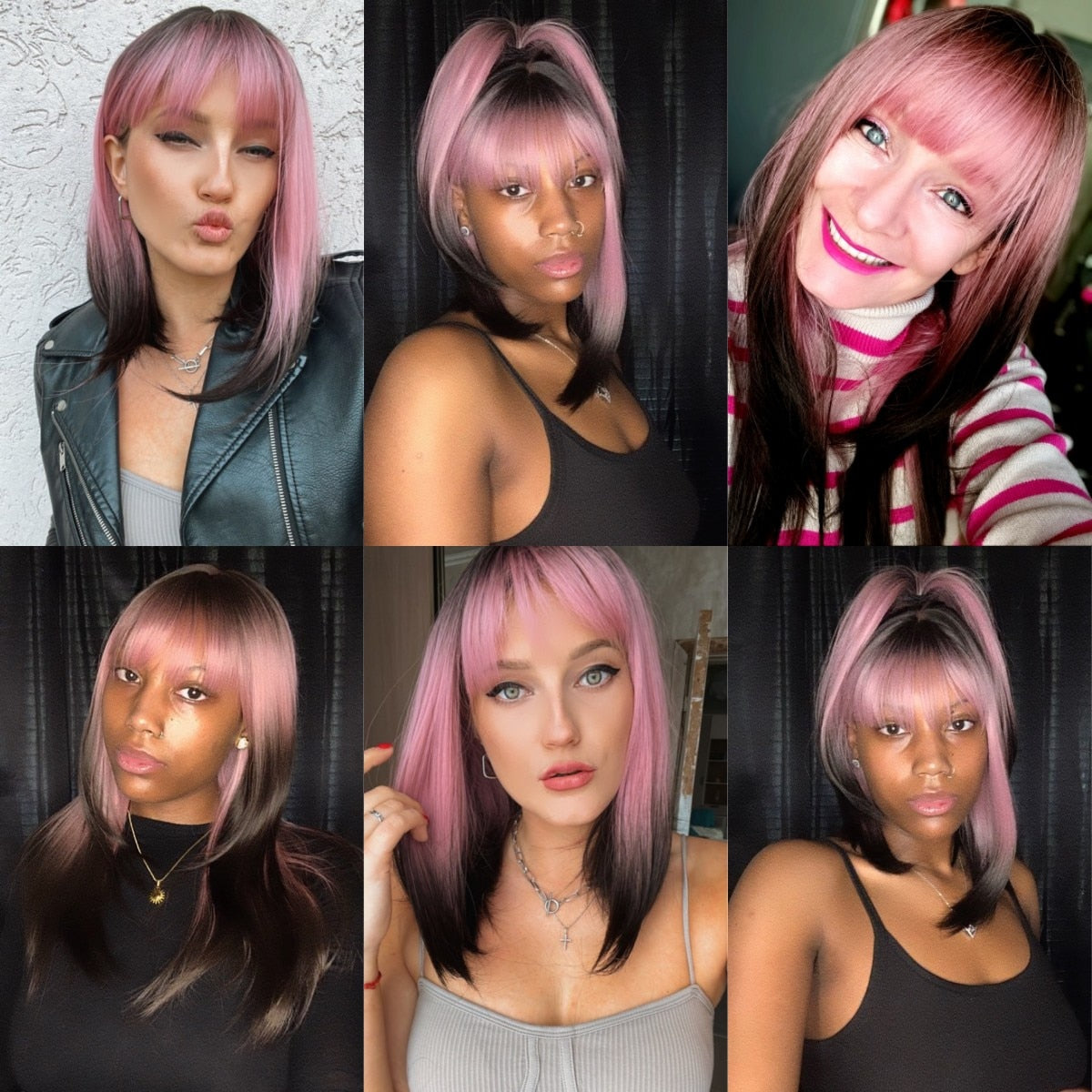 Purple Pink Ombre Black Short Straight Synthetic Wigs with Bangs Bob