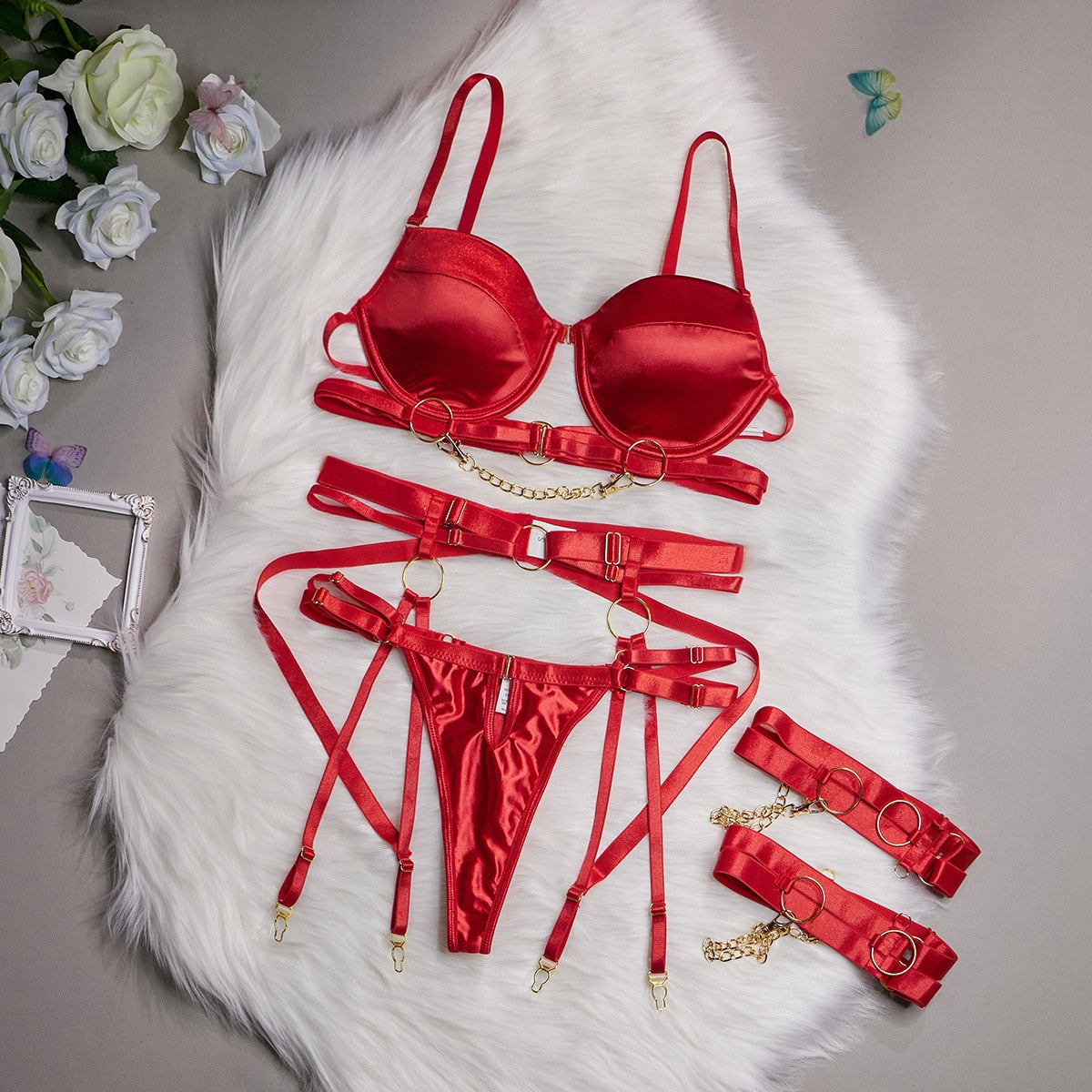 3-Piece Padded Lingerie Set Women Gothic Sensual Chain Decorated Gothic Erotic Set Sexy Red Brief Set