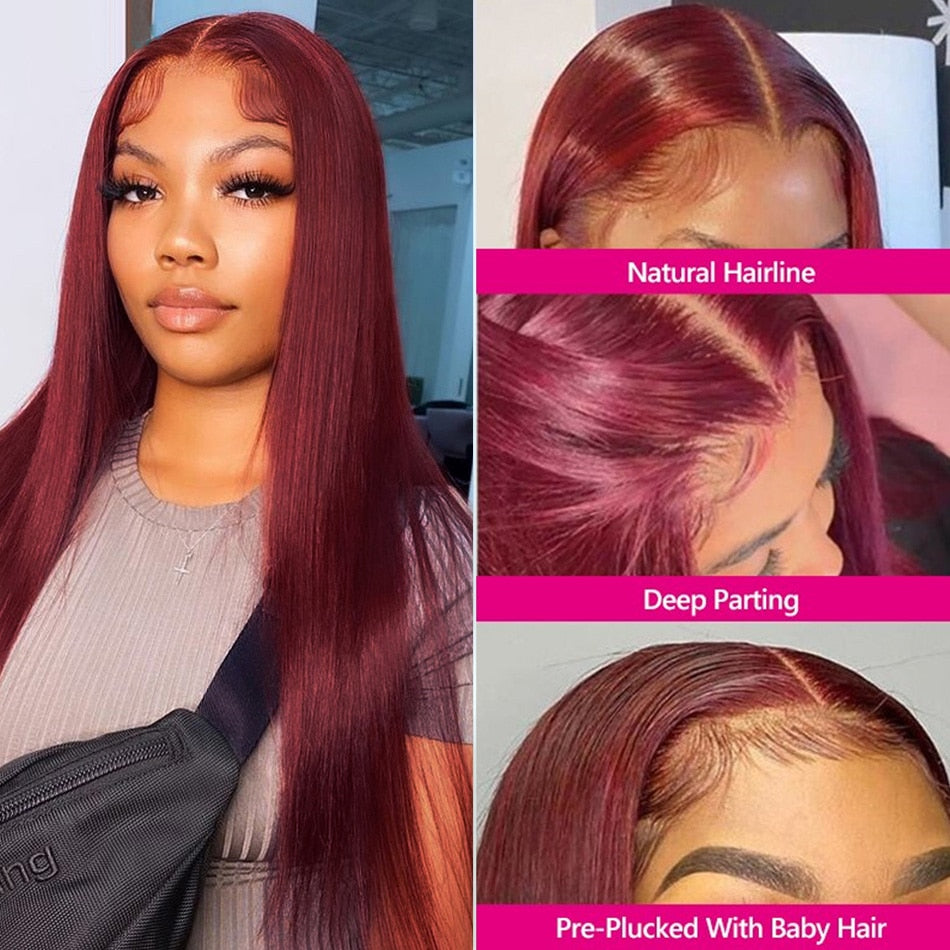 Burgundy Red Wine Color Peruvian Straight Hair Human Hair Lace Front Wig Pre-Plucked 13x4