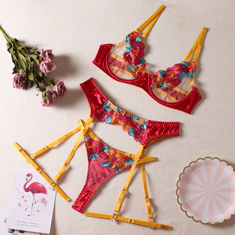 3-Piece Contrast Color Lace Bra Set Women 10 Colors Embroidery Panty Underwear Set Ladies Blue Sexy Lingerie Set