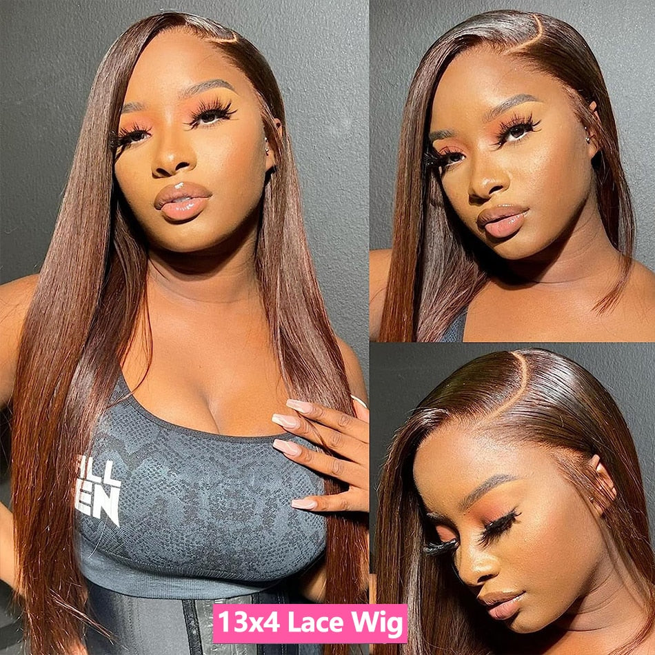 Brown Long Straight Lace Frontal HD Human Hair Wigs