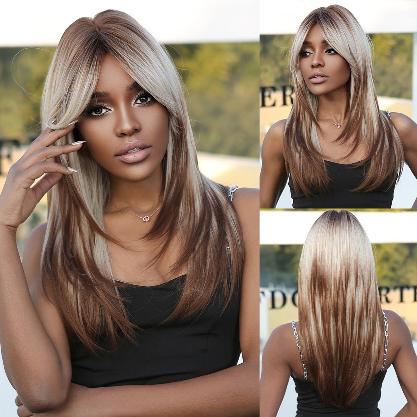 Pink Brown Ombre Straight Medium Lenght Synthetic Wigs