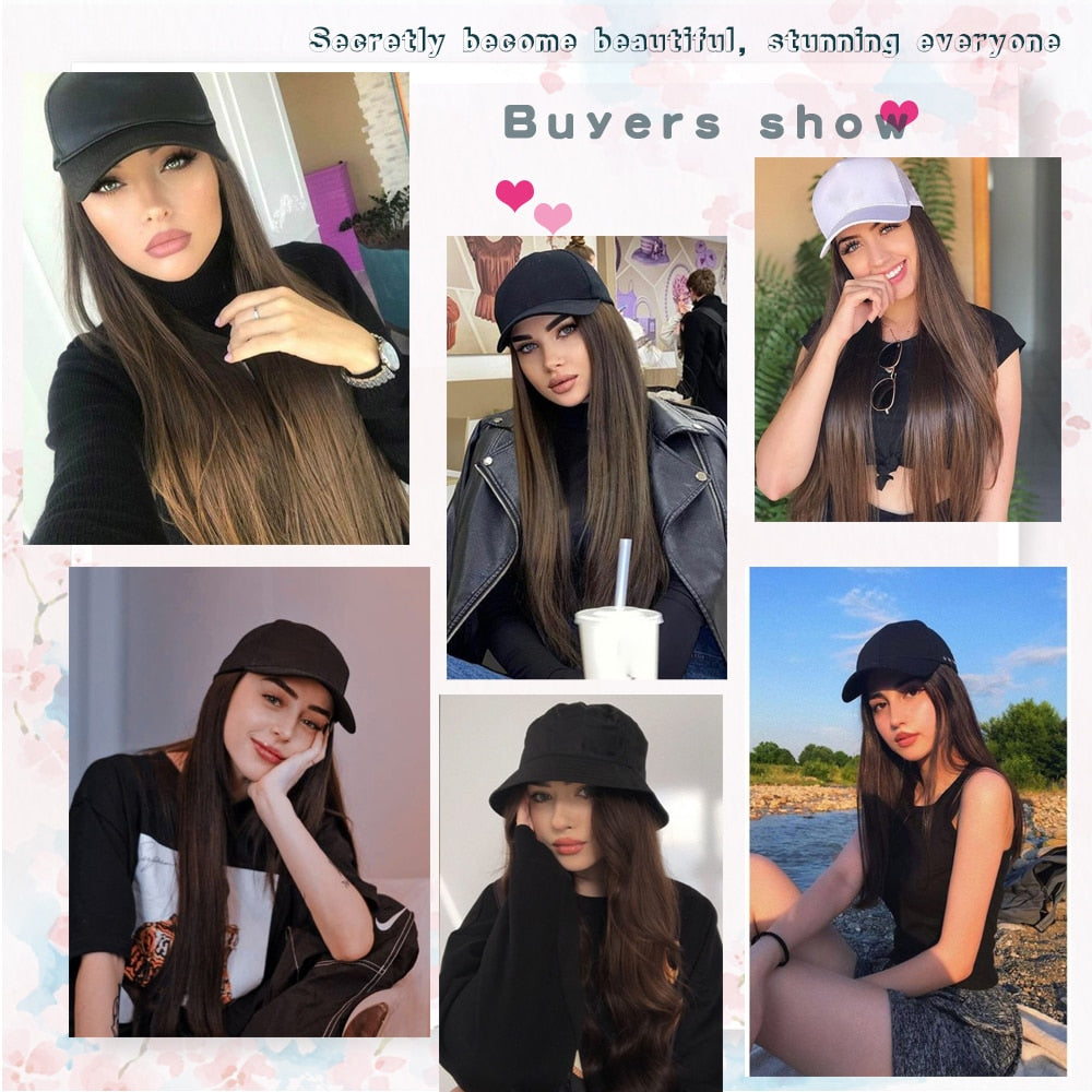 Black White Baseball Cap with Wig Long Straight Hair Curly Hair Hat Wig