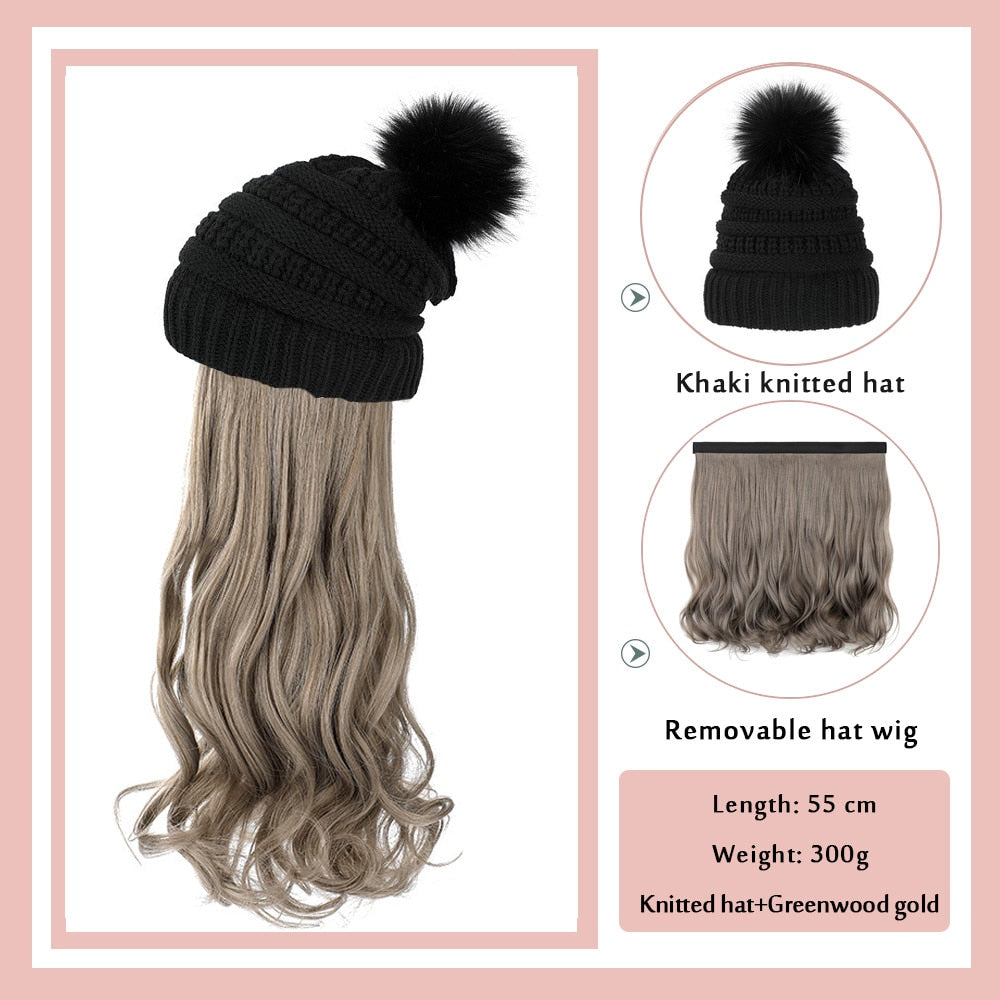 Black White Baseball Cap with Wig Long Straight Hair Curly Hair Hat Wig