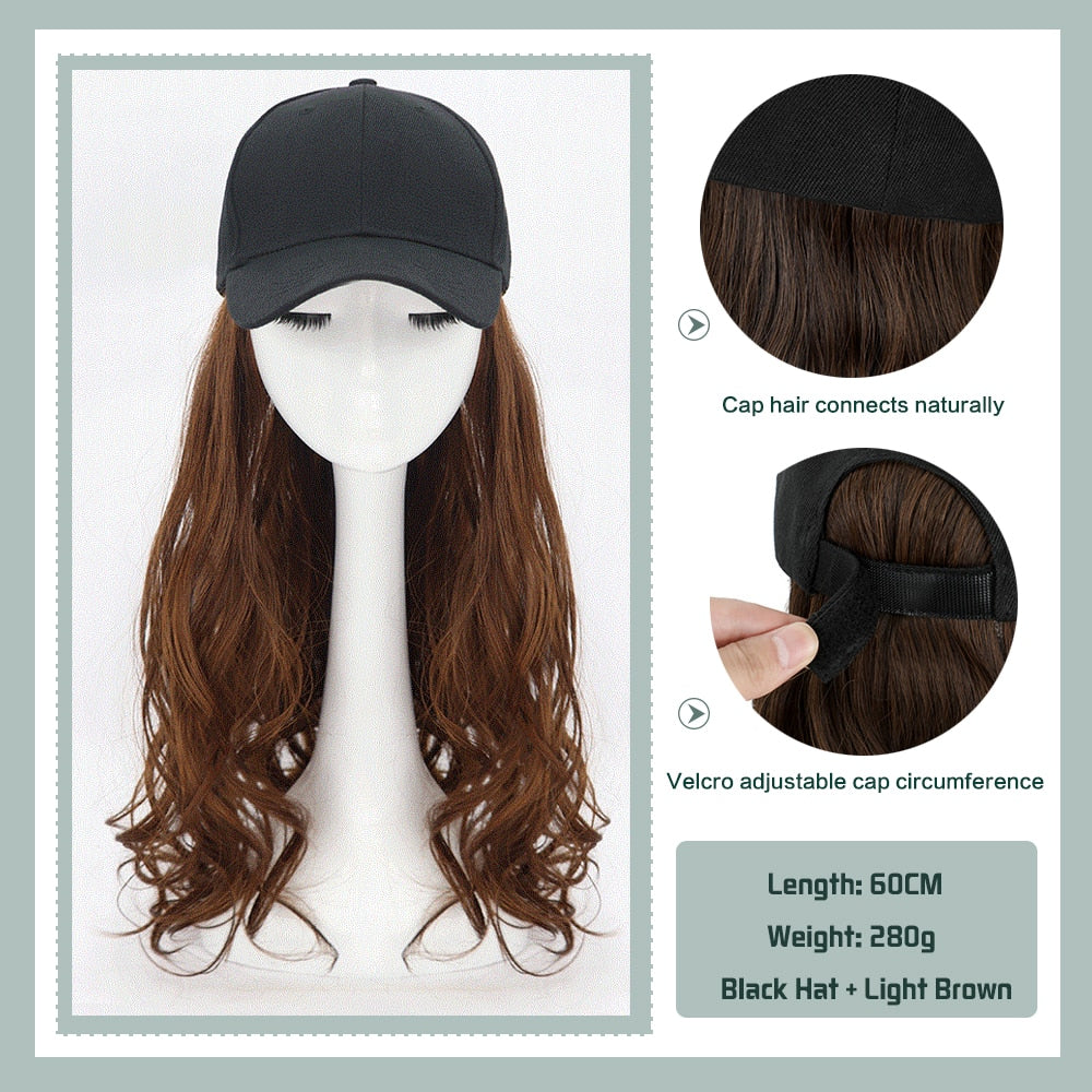 Black White Baseball Cap with Wig Long Straight Hair Curly Hair Hat Wig