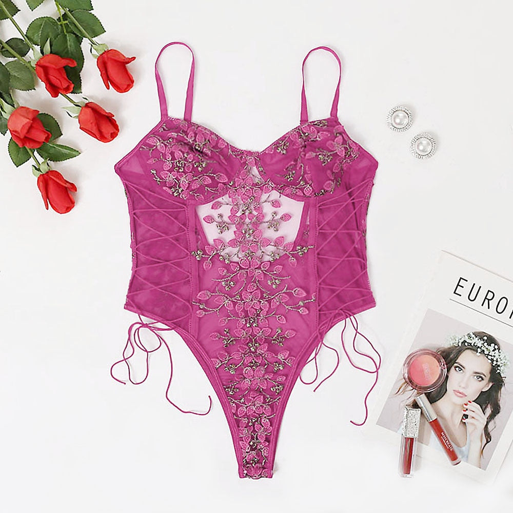 Floral Embroidery Lace Bodysuit Women 15 Colors String Lace Up Fancy Sexy Bodysuit Body Femme