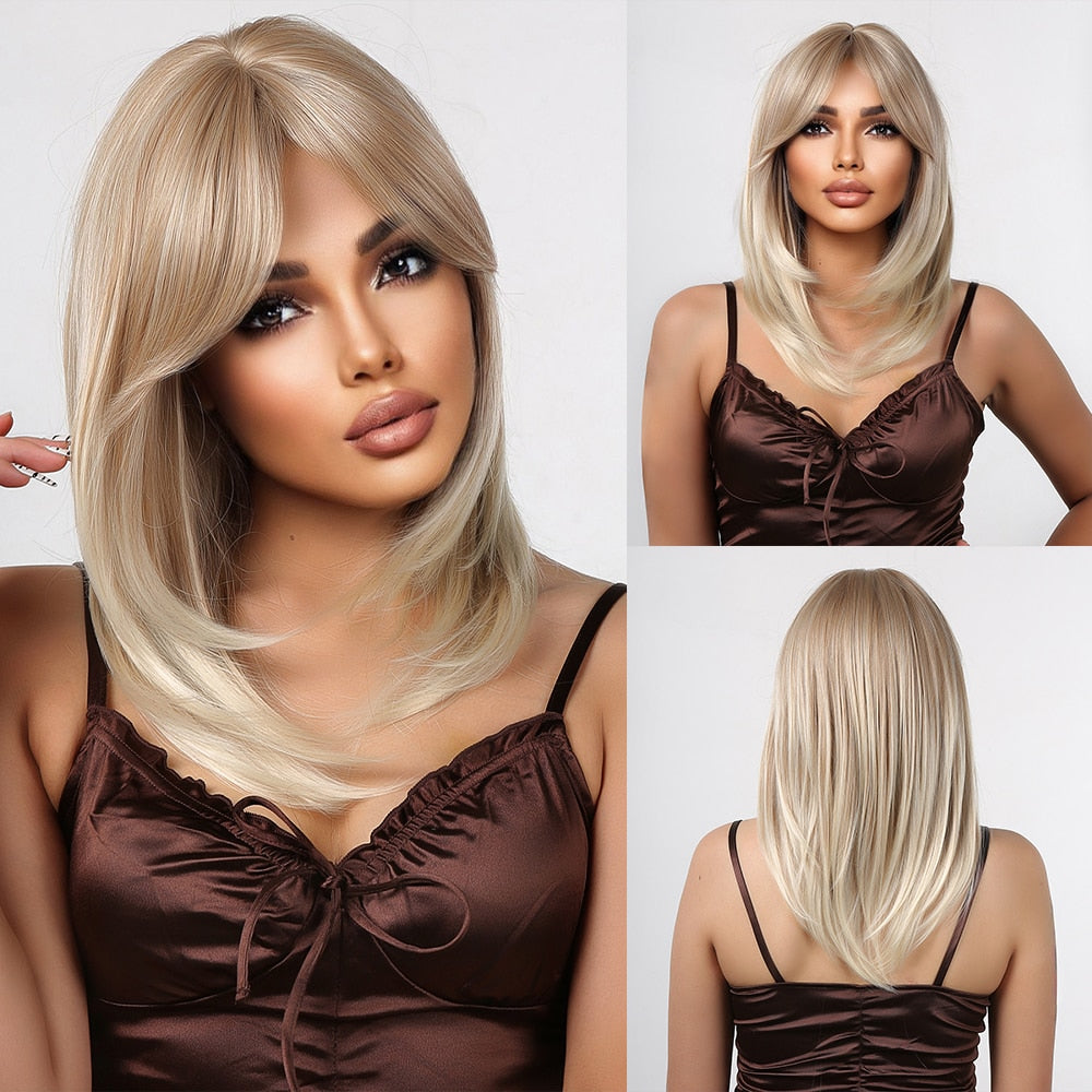 Pink Brown Ombre Straight Medium Lenght Synthetic Wigs