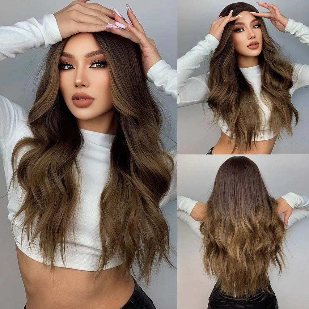 Brunette Long Wavy Brown Synthetic Wig