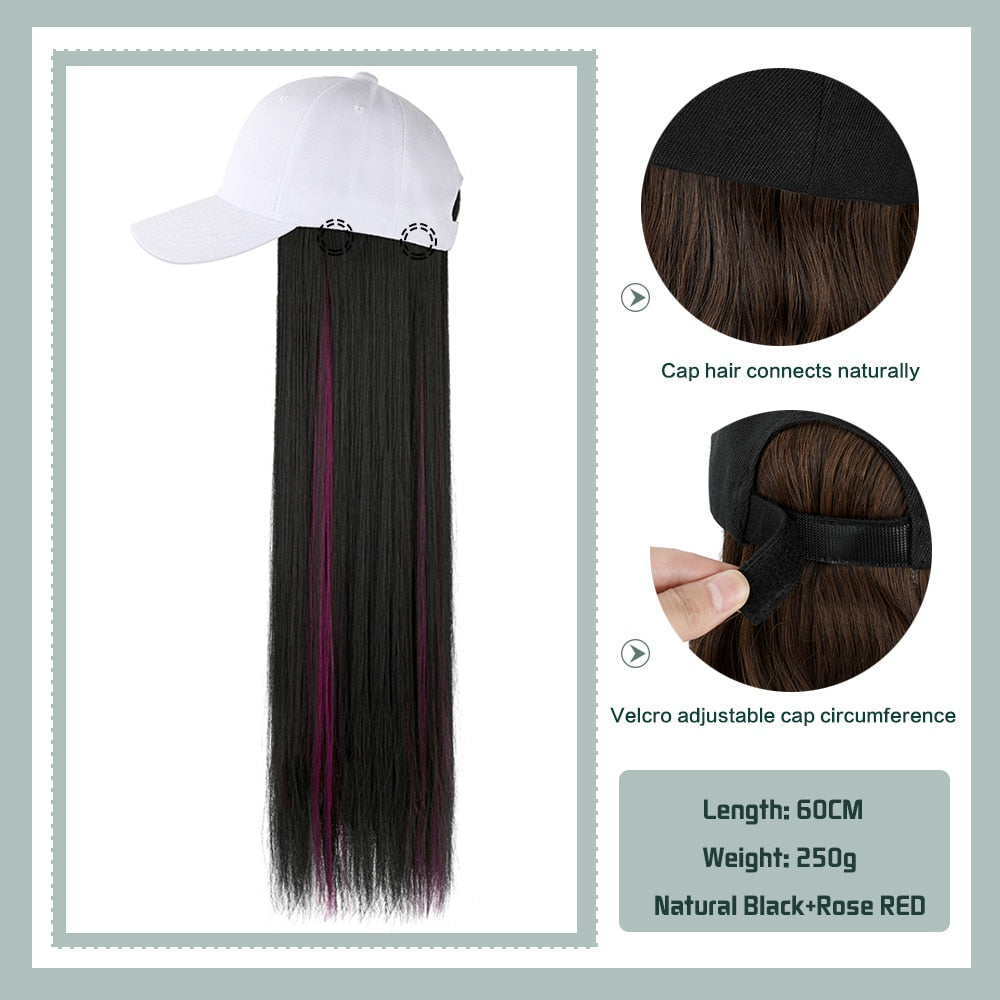 Black White Baseball Cap with Wig Long Straight Hair Curly Hair Hat Wig