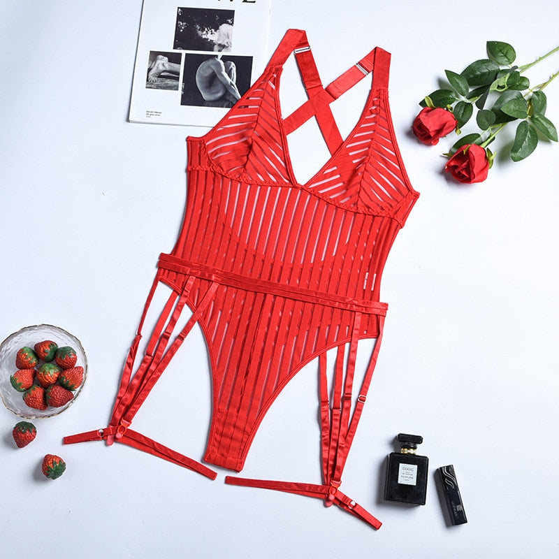 Deep V Neck Stripes Bodysuit Women Mesh Bodysuit One Piece Black SexyTeddies Femme