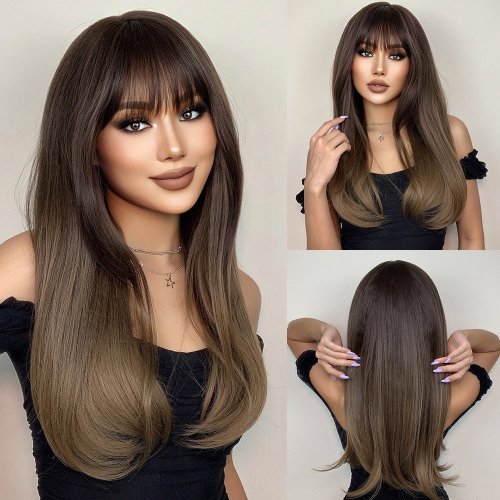 Medium Length Brown Highlight Layered Synthetic Wigs Natural Straight Hairs Wig