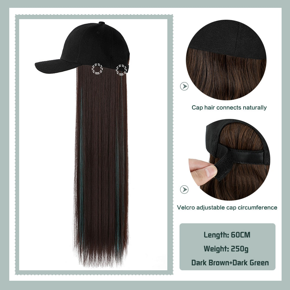 Black White Baseball Cap with Wig Long Straight Hair Curly Hair Hat Wig