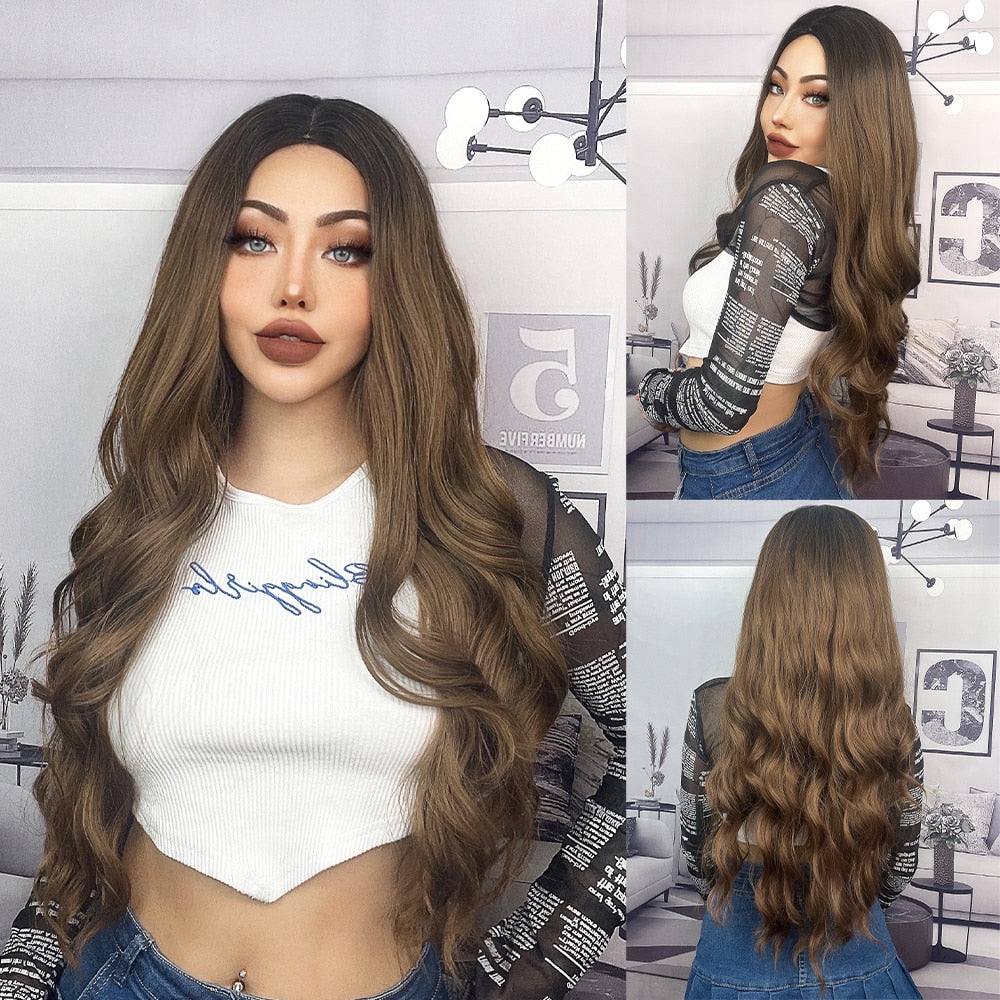 Long Wavy Ombre Black White Synthetic Wigs