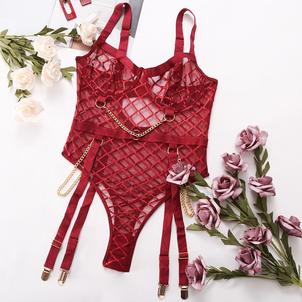 Chain Plaid Transparent Teddy Mesh Bodysuit Women V Neck Sexy Bodysuit 3 Colors Body Femme