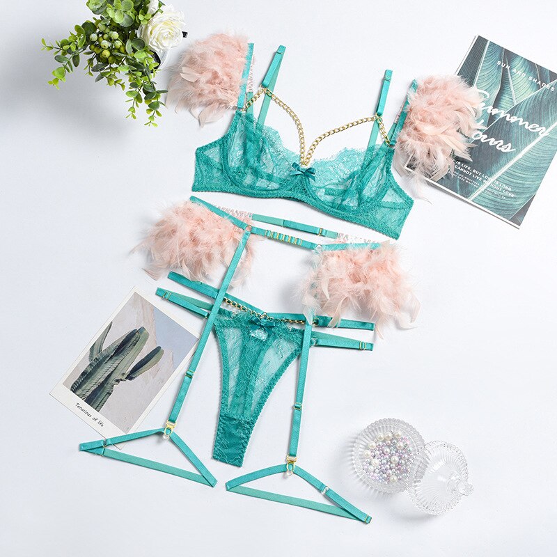 3-Piece Lace Feather Exotic Sets Women Chain Patchwork 8 Colors Panty Underwear Set Ladies Sexy Lingerie Set