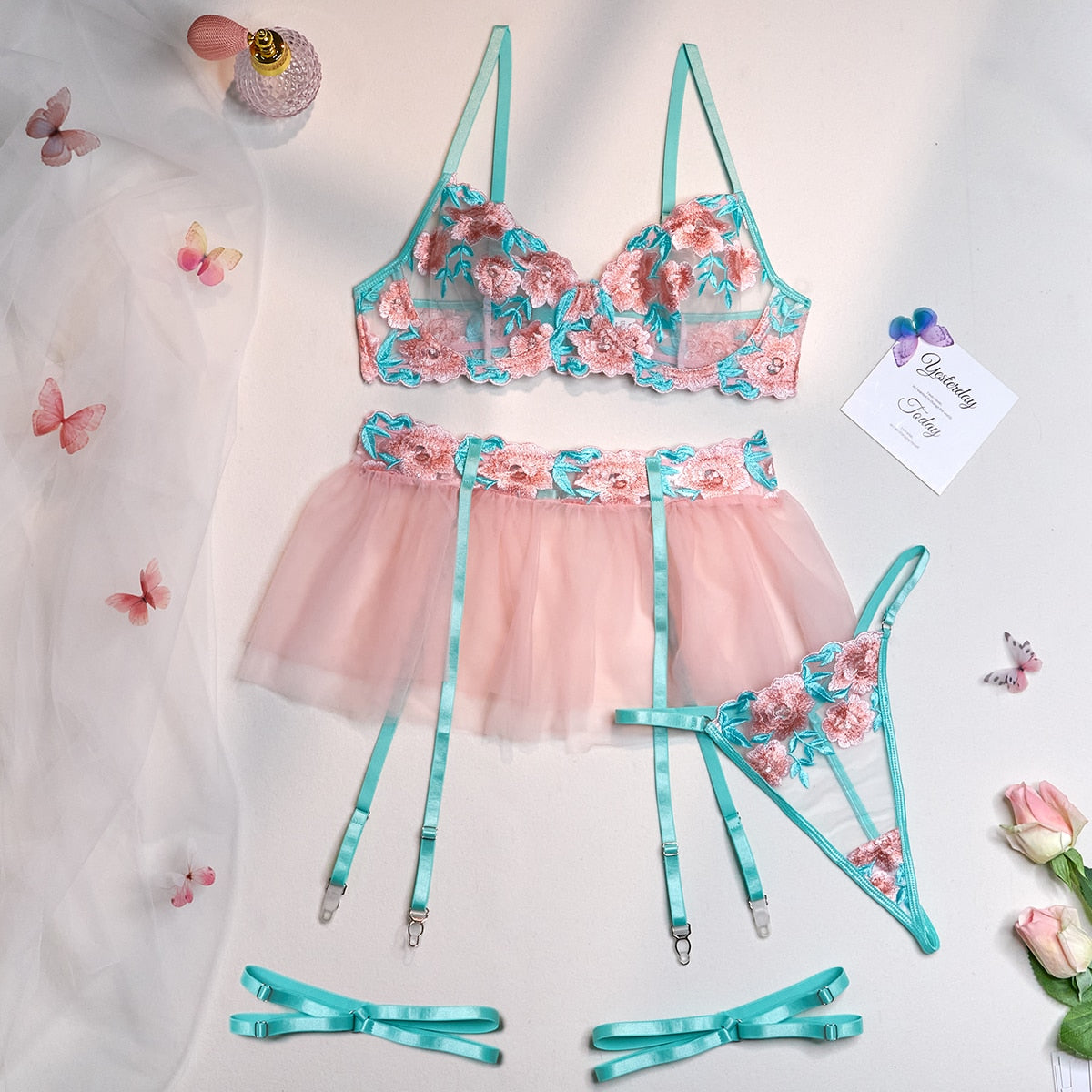 4-Piece Floral Embroidery Lingerie Set Women Mesh Ball Gown Dress Garter Kit Brief Sexy Erotic Set