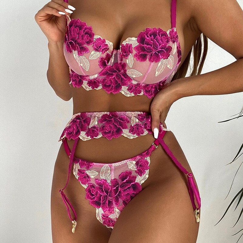 3-Piece Embroidery Lace Bra Set Women Floral Bra Underwire + Thong Underwear Set Sexy Lingerie Set
