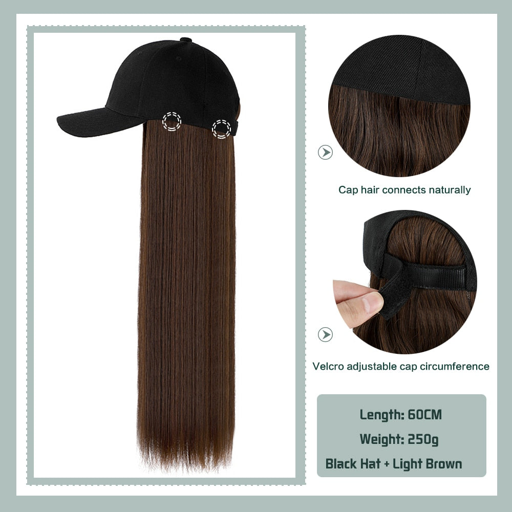 Black White Baseball Cap with Wig Long Straight Hair Curly Hair Hat Wig