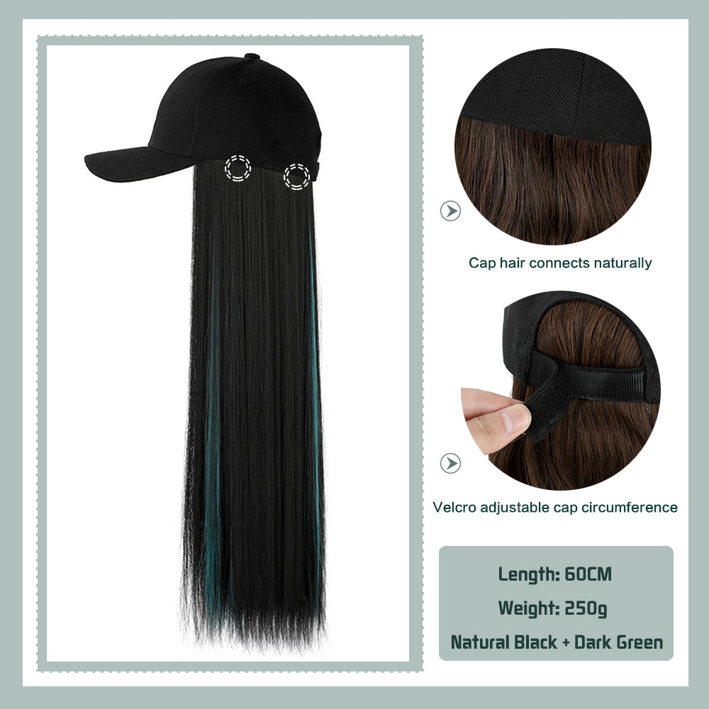 Black White Baseball Cap with Wig Long Straight Hair Curly Hair Hat Wig