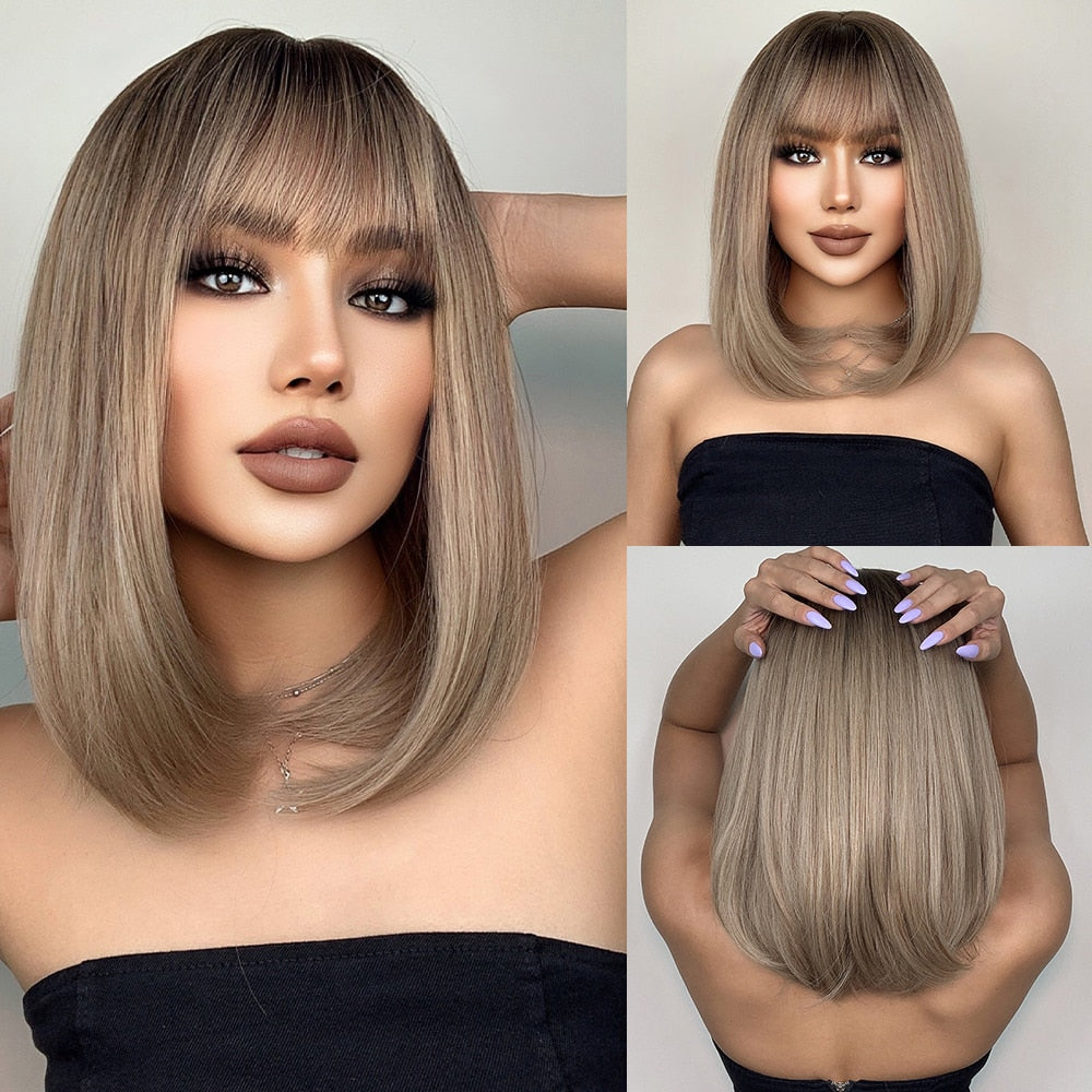 Red Copper Ginger Synthetic Wigs with Bangs Medium Length