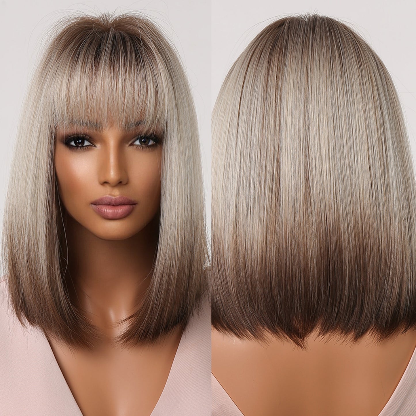 Dark Brown Synthetic Wig with Bangs Shoulder Length Straight Wig