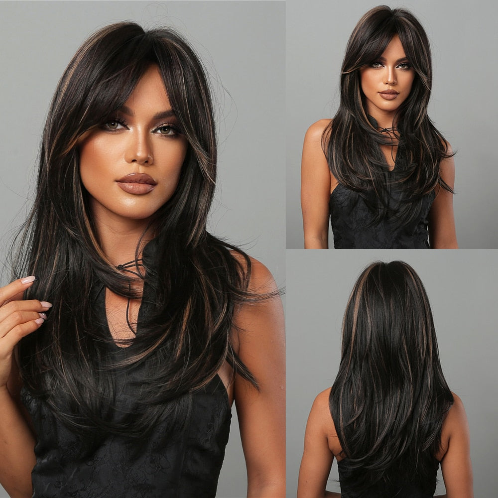 Medium Length Brown Highlight Layered Synthetic Wigs Natural Straight Hairs Wig