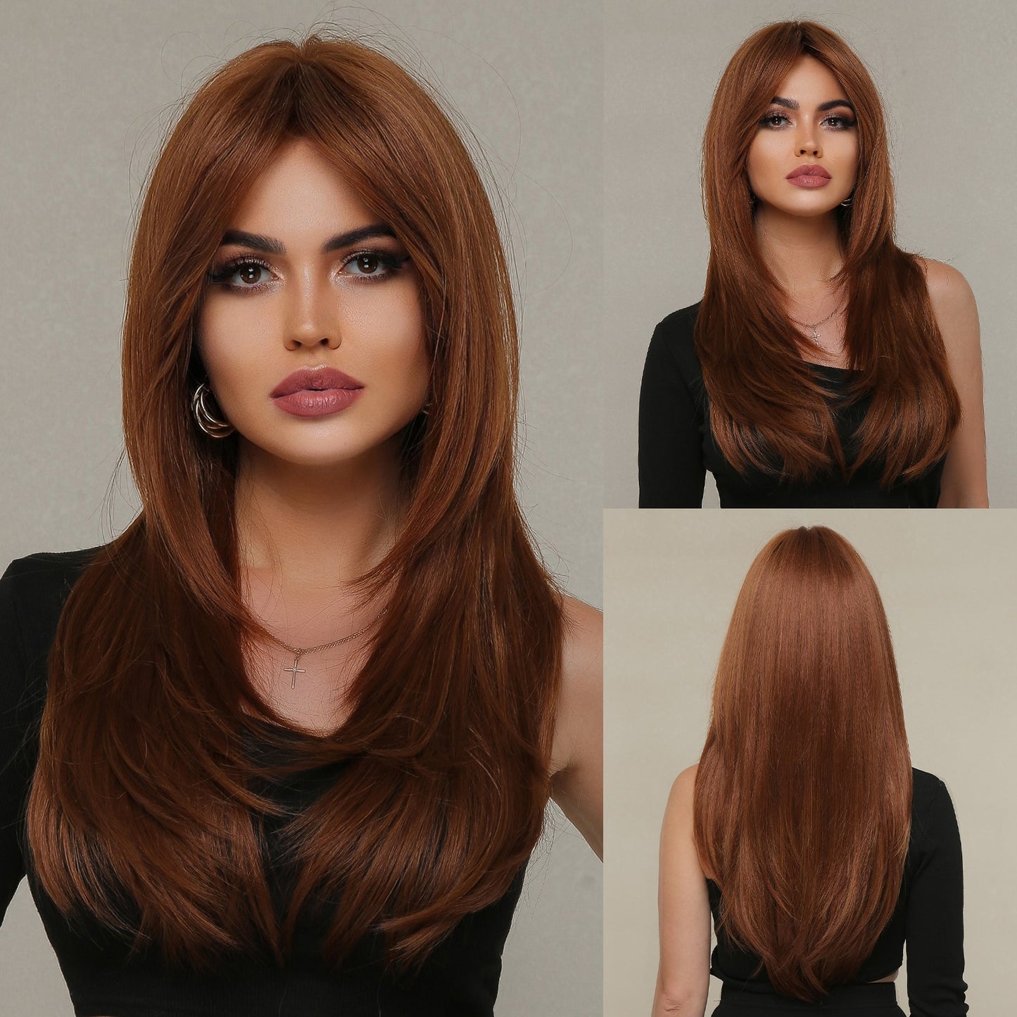 Pink Brown Ombre Straight Medium Lenght Synthetic Wigs