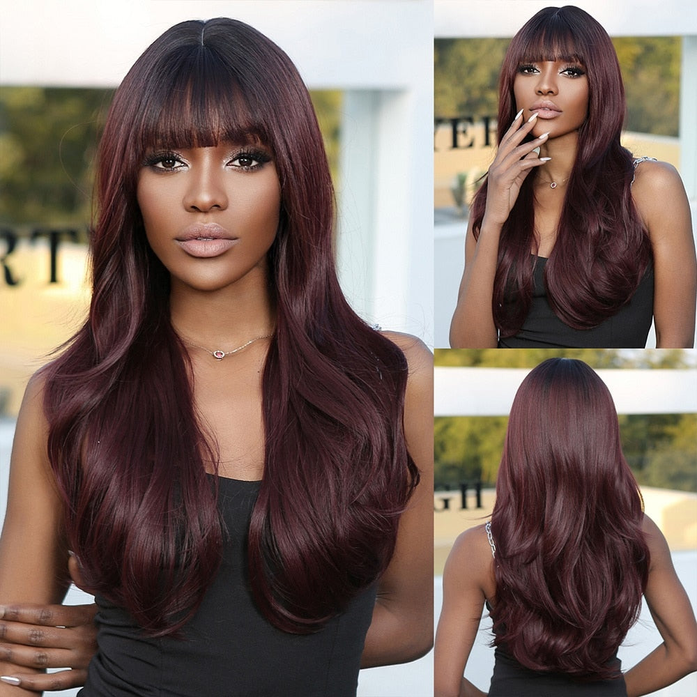 Dark Ombre Wine Red Brown Synthetic Long Wavy Wigs with Bangs