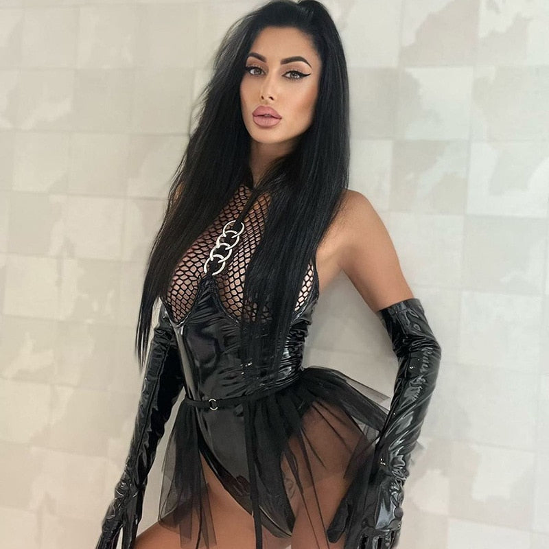 One Piece PU Leather Women Bodysuit Mesh Patchwork Black Bodysuit Sexy Erotic Body Femme Clubwear Overalls