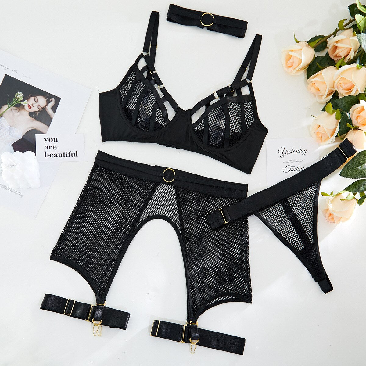 4-Piece Bandage Lingerie Set 3 Colors Garter Hallow Out Thong Choker Mesh Sexy Exotic Set Fancy Kit